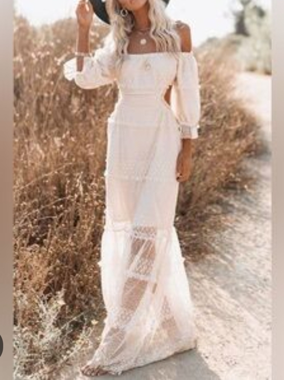 Boho Off-Shoulder White Lace Maxi Dress with Cutout Waist - Picture 2 of 10
